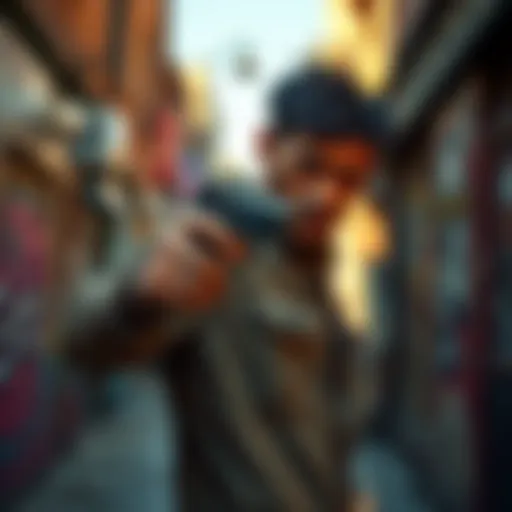 A wretch in tattered clothes stands in a city alley, holding a small snub pistol, looking wary and alert.