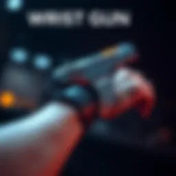 A futuristic wrist gun design shown on a person's arm, featuring sleek lines and a compact structure, demonstrating its unique functionality.