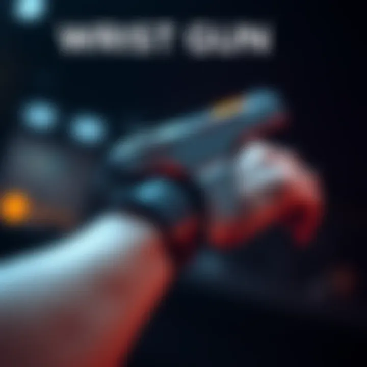 Wrist Gun Concept A futuristic wrist gun design shown on a person's arm, featuring sleek lines and a compact structure, demonstrating its unique functionality.