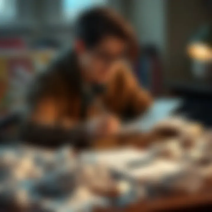 A writer sitting at a desk, with a notebook and pen, surrounded by crumpled papers, reflecting the struggle of crafting a first-person narrative.