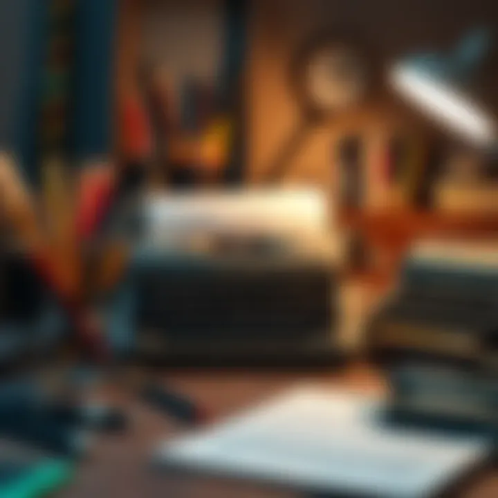 A collection of different writing tools like pens, pencils, and typewriters on a wooden desk