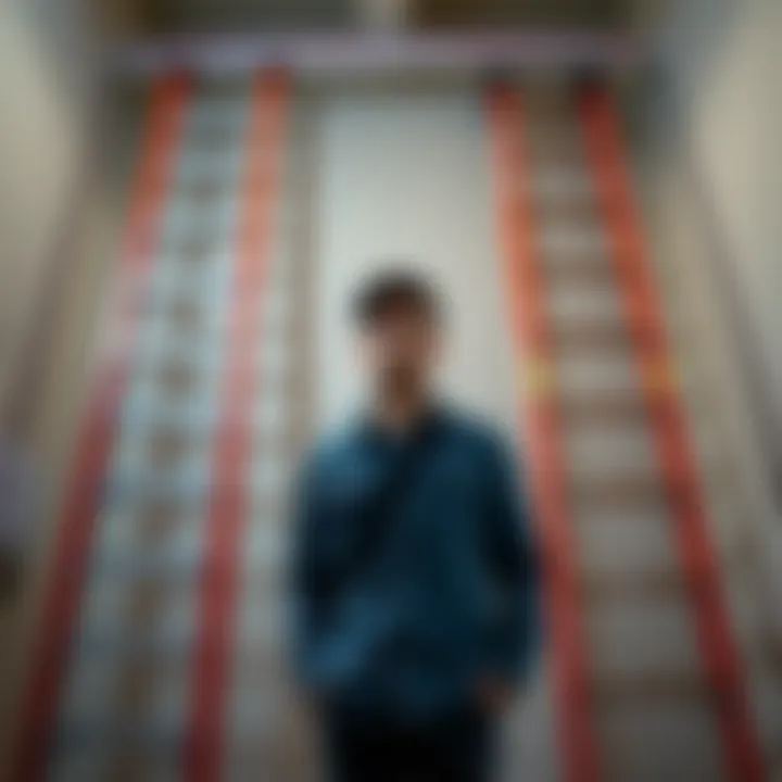 A person standing confused in front of two ladders, having mistakenly picked the wrong one, looking surprised.