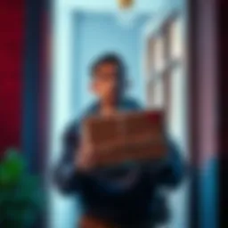 A surprised person holding an unexpected package at their doorstep, looking confused and curious