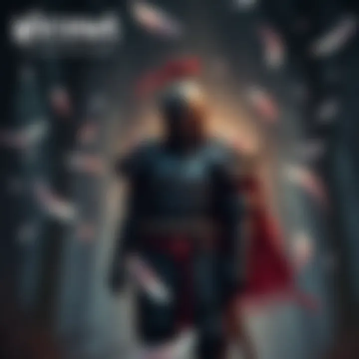 A warrior in traditional armor standing in a dark forest with falling feathers around them, ready for battle.