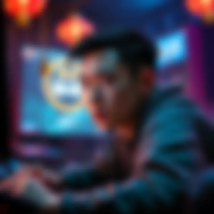 A person playing the Wuchang game, with focused expression on their face, surrounded by gaming setup