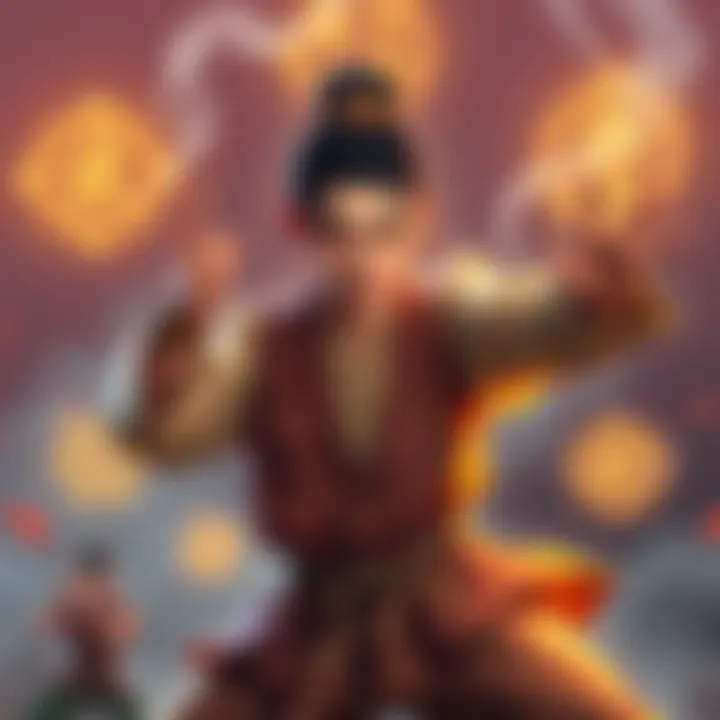 A character practicing martial arts, demonstrating respect and discipline, surrounded by symbols of Wude values