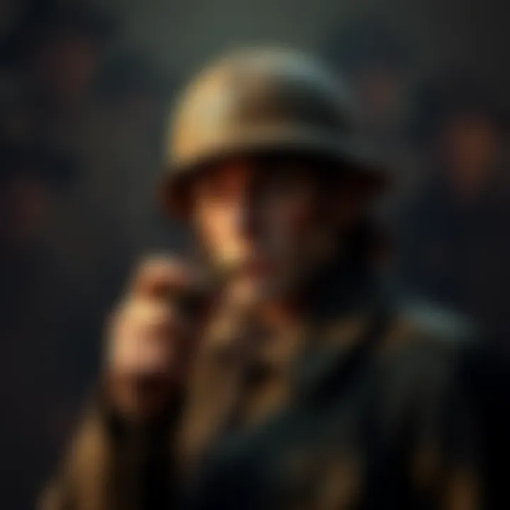 A soldier in WW1 uniform blowing a whistle while looking cautiously around in a dark and eerie environment