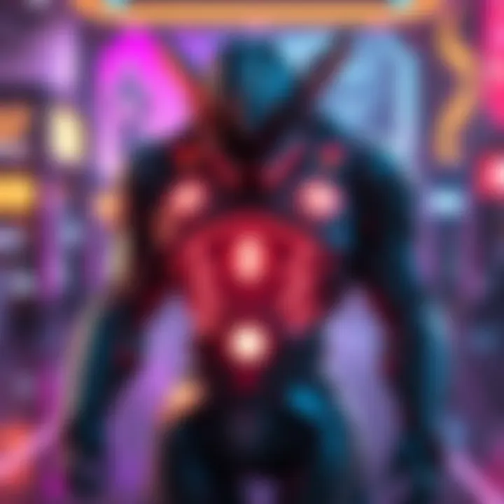 A detailed view of the X Suit displayed in a vibrant gaming scene, showing its features and design elements.