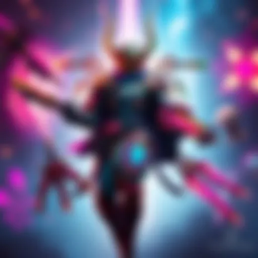 Xaku Prime character displayed with various weapons and abilities in a dynamic pose, set against a colorful sci-fi background
