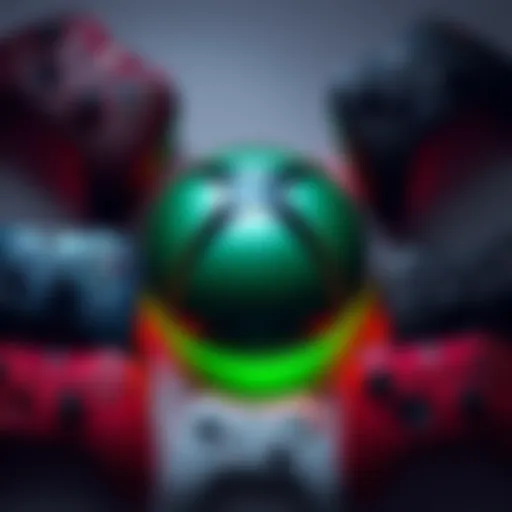 Xbox logo surrounded by various game controllers representing big franchises