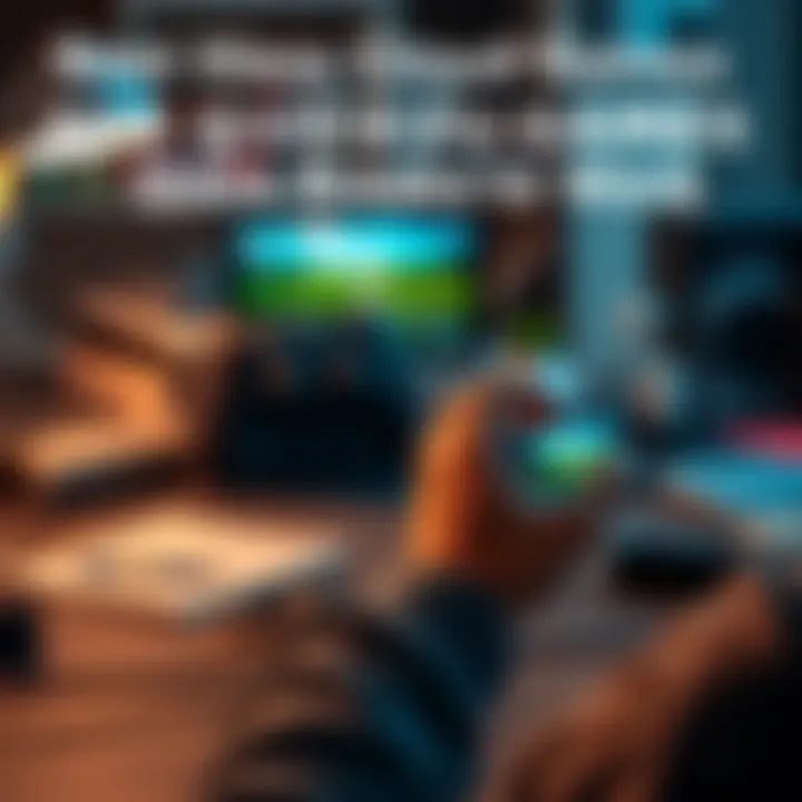 Person playing Xbox Cloud games on a phone A person sitting at a desk, focused on playing Xbox Cloud games on a mobile device with touch controls, surrounded by office supplies