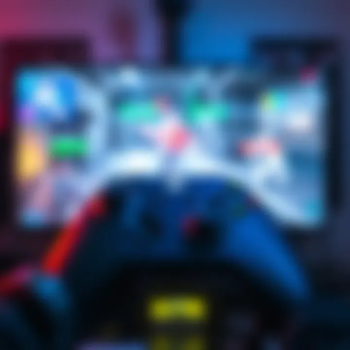 A close view of an Xbox controller displaying aim assist graphics while playing a first-person shooter game