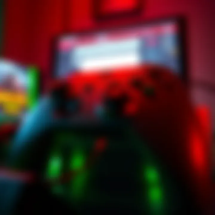 Wired Xbox controller connected to a console with a chat screen displaying lag issues during a party chat