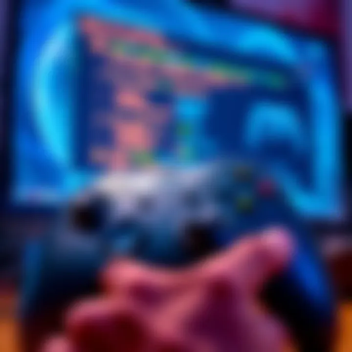 A gamer troubleshooting an Xbox controller not working on a PC, with a focus on the controller and computer screen showing connection issues.