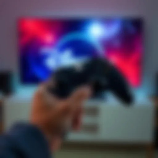 A person holding an Xbox controller with the Disney+ logo displayed on the TV screen, showing troubleshooting for streaming issues.