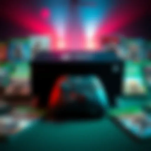 An Xbox console displayed with various exclusive game covers around it, showcasing potential new titles for gamers.