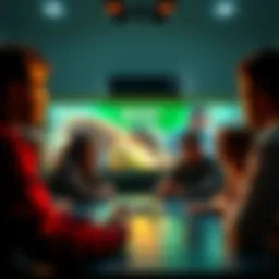 A group of people discussing the impact of exclusive Xbox games on Game Pass with a gaming console in the background.