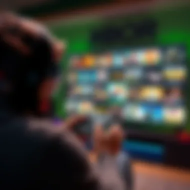 A person playing Xbox Series X with various game titles displayed on the screen, showcasing immersive gameplay and fun