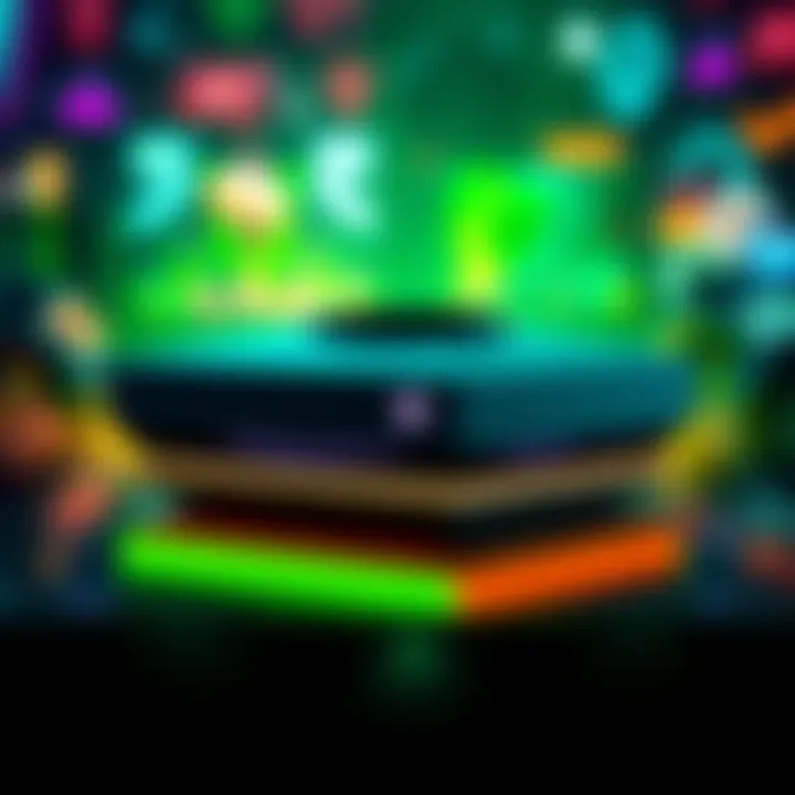 A futuristic design concept of an Xbox PC Hybrid gaming console with sleek lines and glowing elements, set against a colorful gaming backdrop.