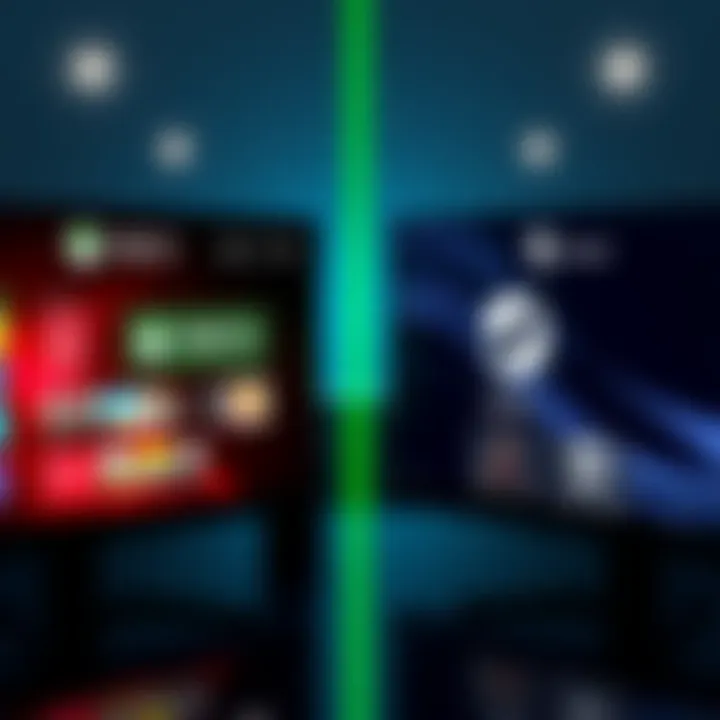 A split-screen comparison showing the Xbox PC app interface on one side and the Steam platform on the other, highlighting game purchasing options.