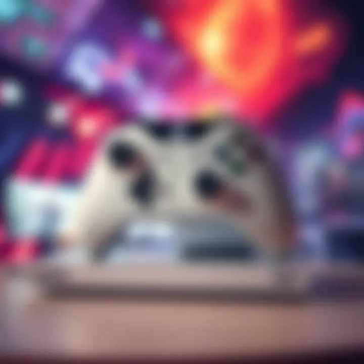 Close-up of the Xbox Series S console with a controller, set against a colorful gaming backdrop, highlighting its design and features.