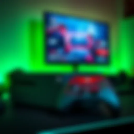 Xbox Series X console with controller An Xbox Series X console alongside its controller, set on a gaming desk with a TV in the background showing a game screen.
