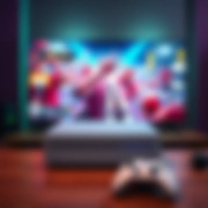 An Xbox Series X console displayed on a table with a game controller and a TV in the background showing a vibrant game scene.