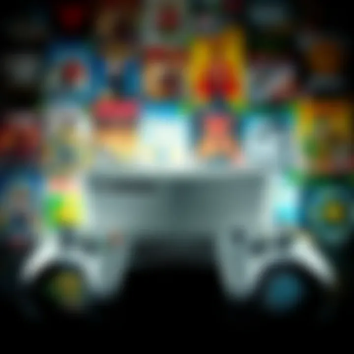 An Xbox 360 console with two controllers set against a background of classic game covers, showing the nostalgia of gaming culture.