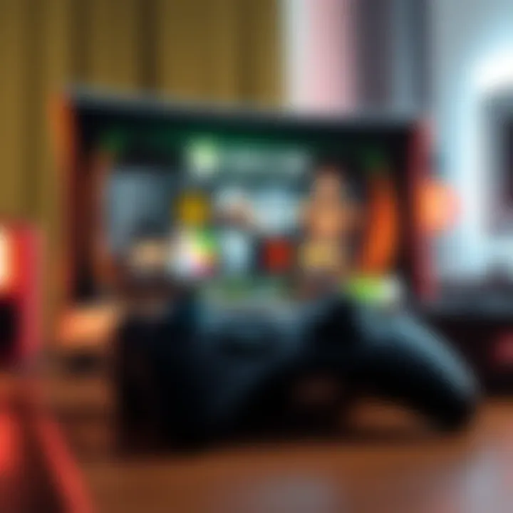 Xbox 360 with new features on screen A close-up of an Xbox 360 console showcasing the new features on its screen, with a game controller nearby.