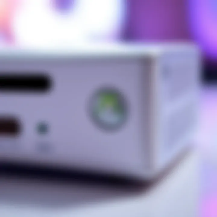 A close-up view of an Xbox 360 E 4GB console with its sleek design, showcasing its ports and power button.