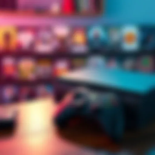 An Xbox 360 Slim console next to a gaming controller on a table, showcasing a display of popular game titles.