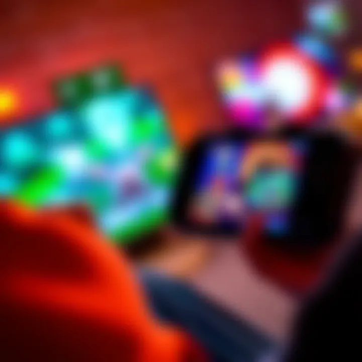 A gamer playing on an Xbox Ally handheld device, showcasing new game profiles with vibrant graphics.