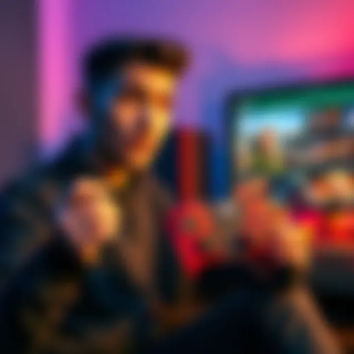 A gamer looking frustrated while holding a Switch Pro controller next to a PC displaying the Xbox app