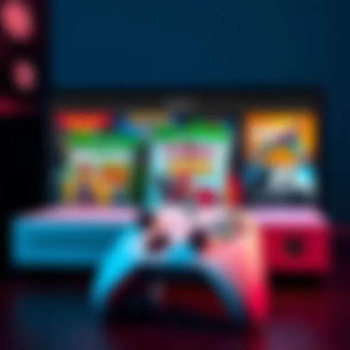 An Xbox console displaying retro game covers alongside a controller