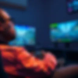 A gamer playing Xbox cloud games on a console with a stable internet connection, showing smooth gameplay, while a second screen displays packet loss issues.