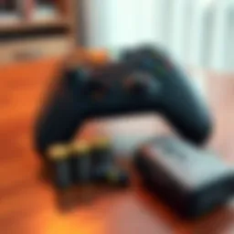 An Xbox controller next to a pack of standard AA batteries on a table