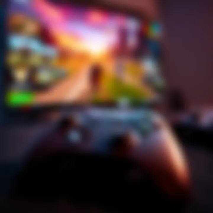 Xbox controller with games on a screen An Xbox controller lays on a table with a TV screen showing a vibrant game scene, highlighting exciting campaigns and cooperative play.