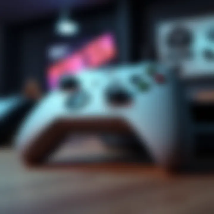 Close-up of an Xbox Series X/S controller resting on a wooden table, showing its buttons and design