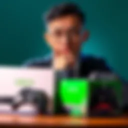 A person pondering over Xbox and PlayStation boxes with game controllers in hand, symbolizing the debate around gaming exclusives.