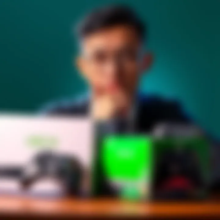 A person pondering over Xbox and PlayStation boxes with game controllers in hand, symbolizing the debate around gaming exclusives.