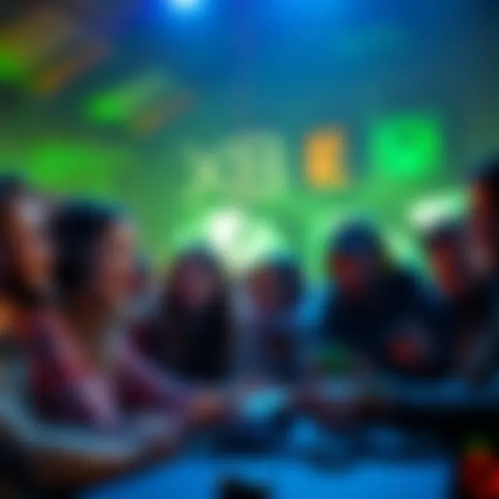 A group of gamers discussing feature ideas for Xbox consoles and PC with joy on their faces.