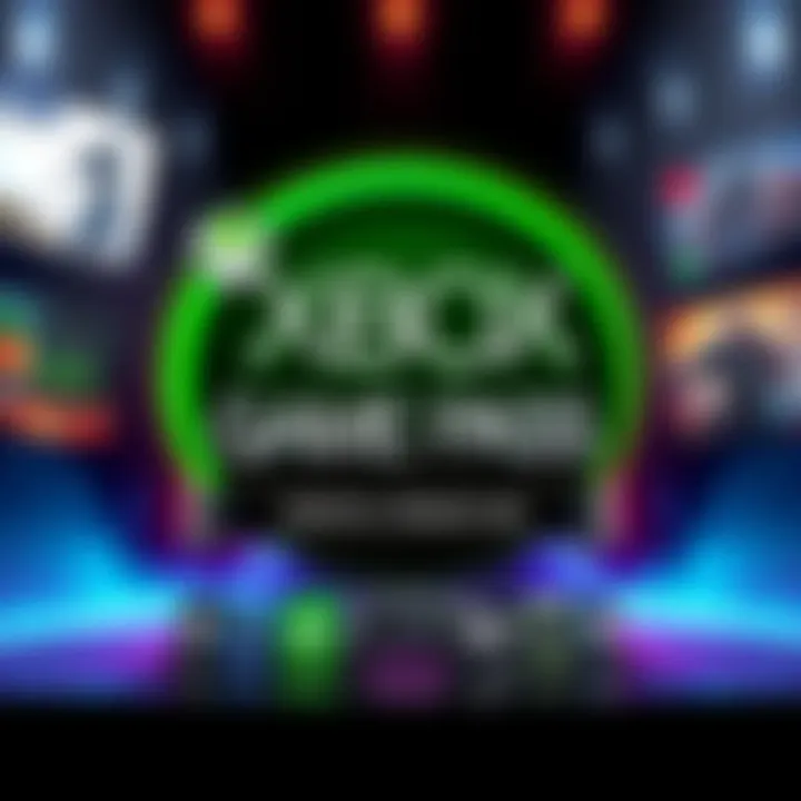 An illustration showing Xbox Game Pass branding with icons representing Essential, Premium, and Ultimate plans, highlighting various gaming features.