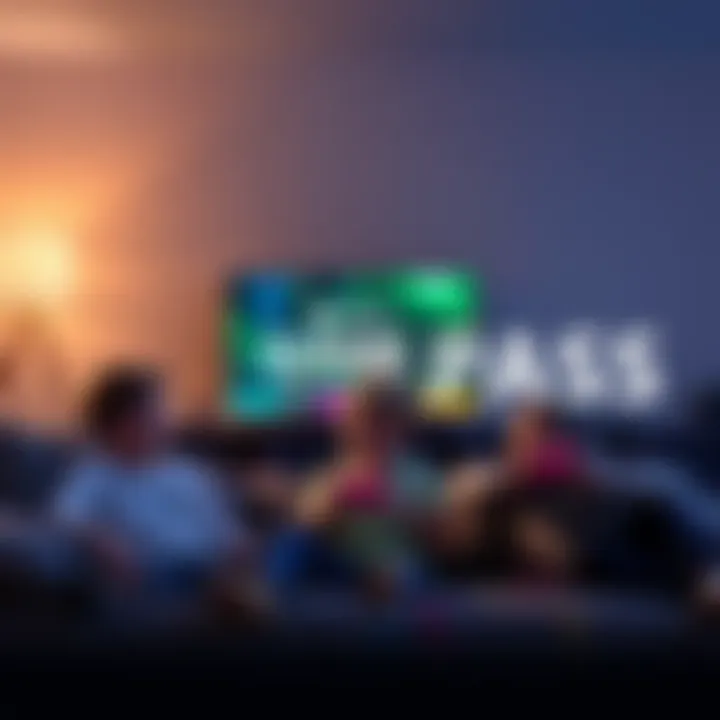 A family enjoying games together on an Xbox console, showing multiple controllers and a shareable Game Pass account screen.