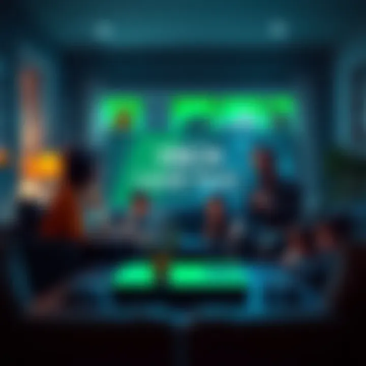 A family sitting in a living room, discussing how to share Xbox Game Pass across three accounts on two consoles, with Xbox consoles and controllers visible.