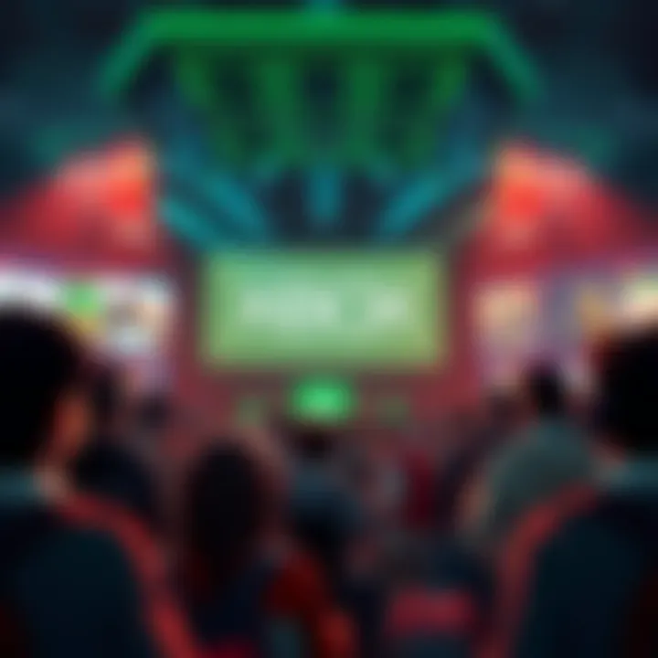 Gamers gathered around to watch the Xbox Game Showcase with excitement for new game announcements. The screen shows game logos and trailers.