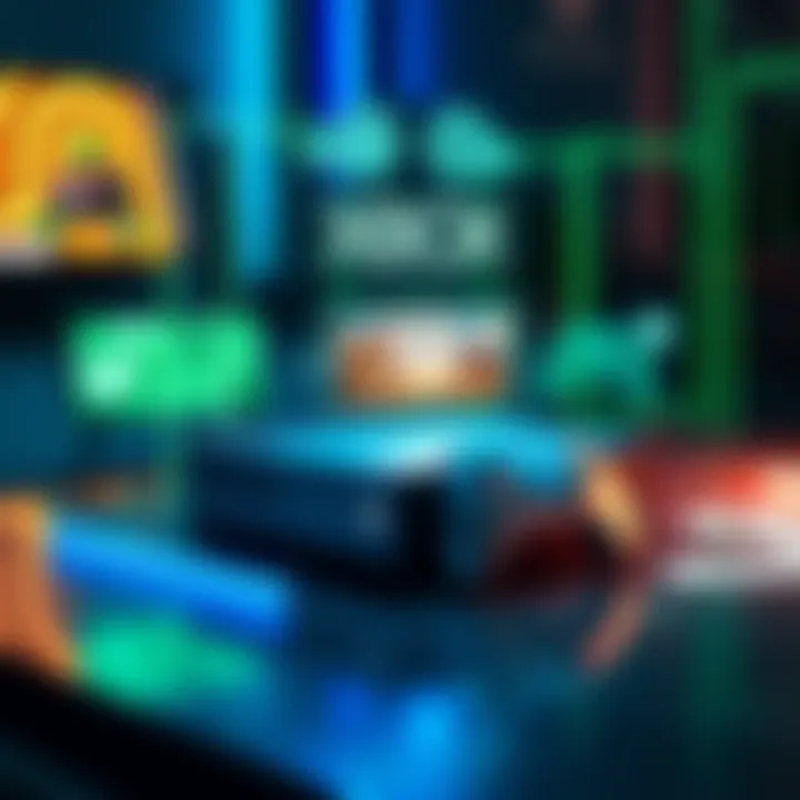 A futuristic Xbox console next to a holographic display showcasing GamePass games and cloud gaming technology.