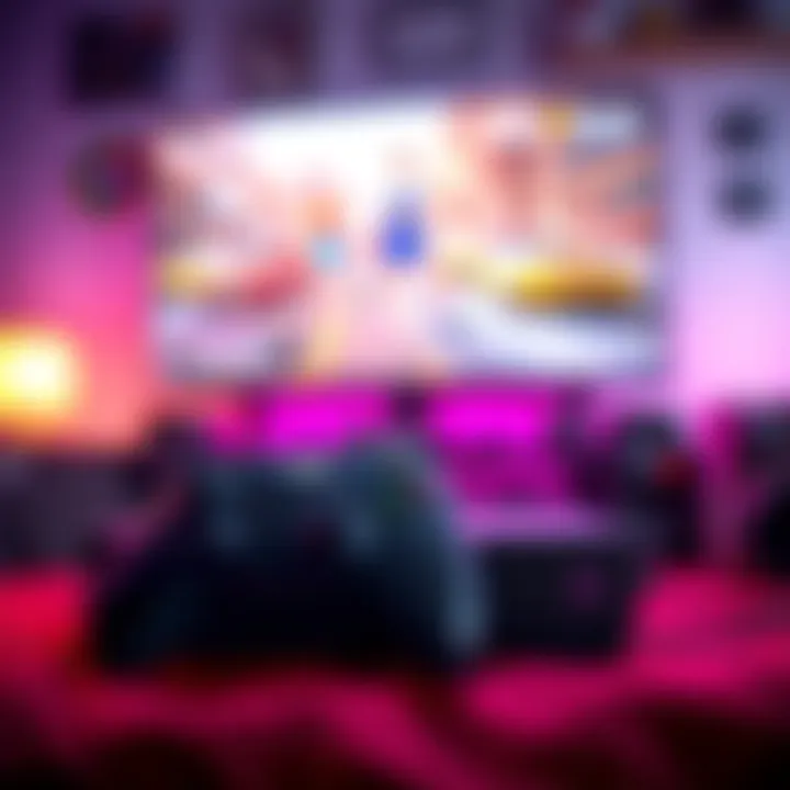 Xbox gaming setup with controller A cozy gaming setup featuring an Xbox console and controller, with a vibrant screen showing a popular game, perfect for a day off work.