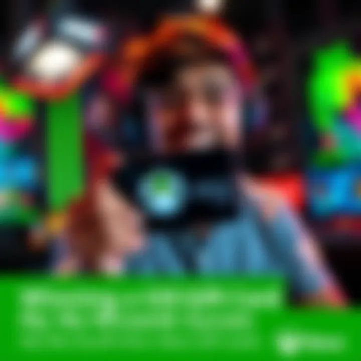 A person holding a $50 Xbox Gift Card with a smiling face, celebrating their win in a gaming-themed environment.