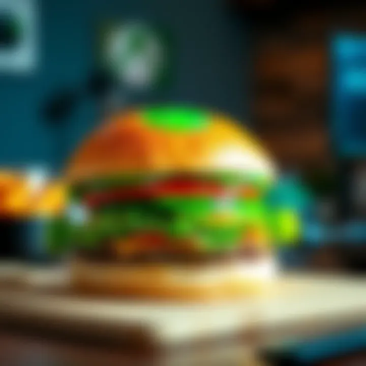 A delicious hamburger styled after Xbox with green toppings and a bun, ready to serve at a gaming session.