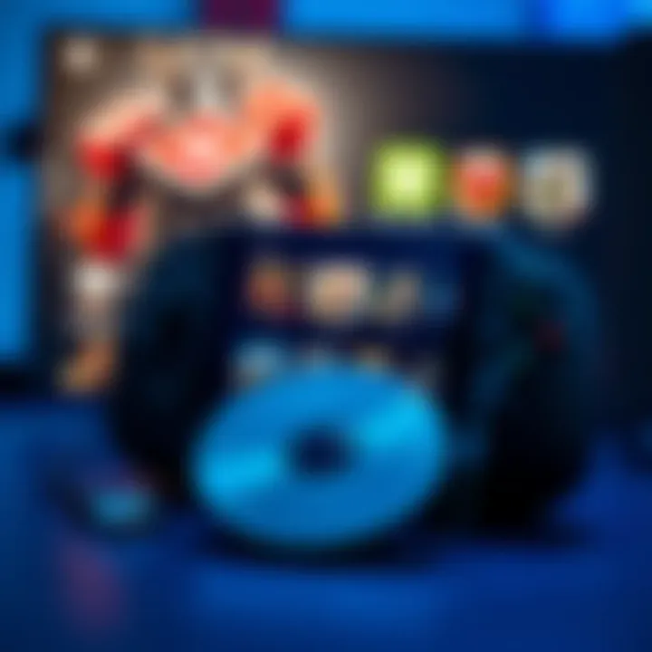 An Xbox handheld console displayed with physical game discs beside it and digital game icons on a screen